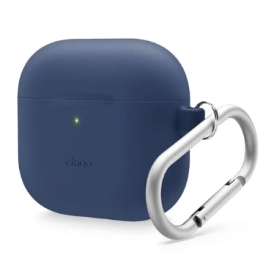 Afbeelding van elago Siliconen Hoesje Compatibel met AirPods 4 Karabijnhaak Inclusief, Ondersteunt Draadloos Opladen, Schokbestendig, volledige dekking (Blauw)