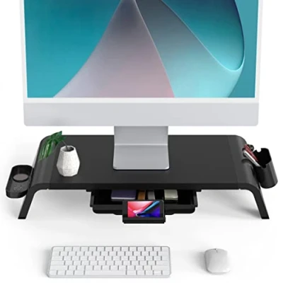 Afbeelding van Monitorstandaard, monitorstandaard van hout voor monitor laptop tv, met lade, telefoonhouder (geen installatie) 52 x 23,5 8,9 cm zwart