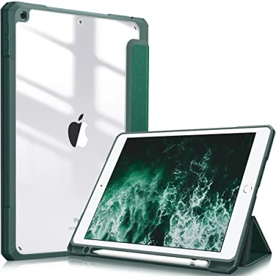 Afbeelding van Fintie Hoes voor iPad 10.2 inch 9e Generatie 2021/8e Gen 2020 /7e 2019 [Ingebouwde Penhouder] Schokbestendige Cover met Transparant Harde Schaal Terug Beschermhoes (Satijnlook Groen)