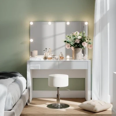 Afbeelding van Vicco AnnabelleKaptafel 110 cm met LED verlichting en kruk Wit hoogglans/wit