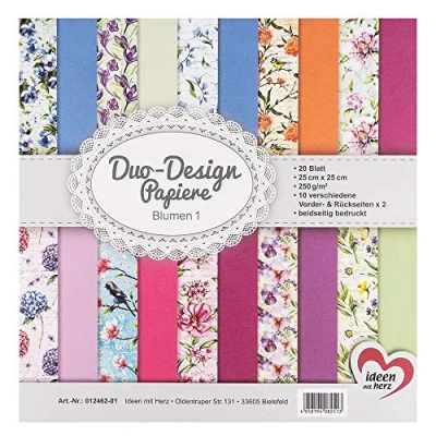 Afbeelding van Ideen mit Herz Duo designpapier, blok met 20 vellen knutselpapier, 25 x cm, 250 g/m², aan beide zijden bedrukt, motiefpapier, ideaal voor scrapbooking, knutselen, bloemen 01