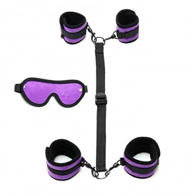 Afbeelding van Rimba Bondage Play Soft Bondageset Polsboeien/Enkelboeien set met blinddoek zwart/paars