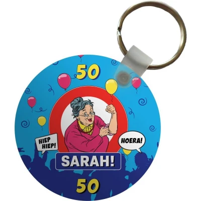Afbeelding van Sleutelhanger Verjaardag 50 Jaar Sarah Jubileum Plastic Rond Uitdeelcadeautjes