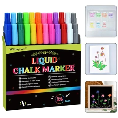 Afbeelding van Willingwood Whiteboard marker, set van 24 stuks, in 12 kleuren, vloeibare krijtstiften, uitwisbaar, raamstiften, schoolbord marker voor krijtbord, whiteboard, ramen, glas, fijne punt, ideaal cadeau