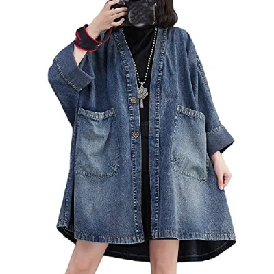 Afbeelding van Dames Spijkerjas,Lange Spijkerjas Voor Dames, Grote Maten, Vintage Blauw, Lange Mouwen, Knoopsluiting, Jas, Wassing, Vervaagde Met V Hals, Lente, Overgang, Casual Uitloper Zak, Xl