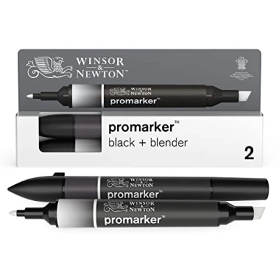 Afbeelding van Winsor &amp; Newton 0290148 Promarker, professionele layoutmarker 2 punten, fijn en breed voor tekeningen, ontwerp lay outs Set Black Blender