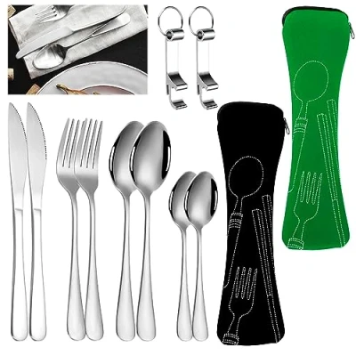 Afbeelding van Campingbestekset, 2 stuks, reisbestek met etui, veldbestek voor onderweg, mes, vork, lepel, flesopener, set reizen, picknick