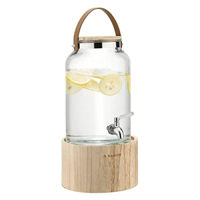 Afbeelding van Navaris glazen drankdispenser met kraantje 5 l Drank dispenser houten standaard Limonadetap deksel van hout Voor koude of warme dranken
