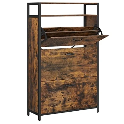 Afbeelding van VASAGLE Schoenkast, College opbergkast met 3 luiken, Open plank, Binnenverdeler, in de gang voor 15 24 paar schoenen, Ruimtebesparend, 80 x 30 130 cm, Rustiek bruin en zwart LBS802B01