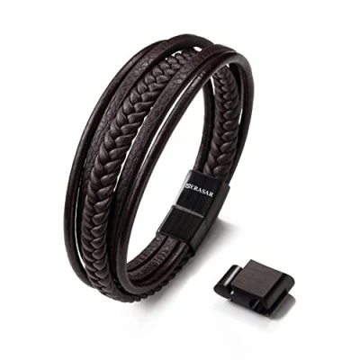 Afbeelding van SERASAR Leren Armbanden Heren [Braid] Bruin 17cm Roestvrijstalen Sluiting