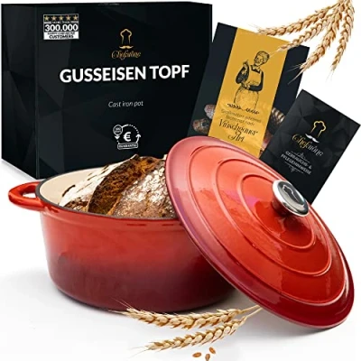 Afbeelding van Gietijzeren Pan Chefarone 4.7L Braadpan Inclusief Deksel Kookpan voor alle Warmtebronnen Kookpot Ø 26CM Geëmailleerd Rood