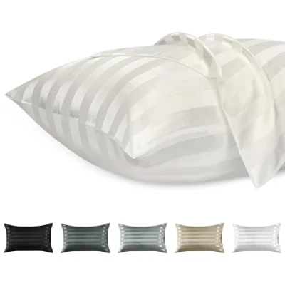 Afbeelding van Lirex 2 Pack Satijnen Kussenslopen, Standaard Formaat Zacht Effen Kleur Microfiber Kussensloop, Envelop Sluiting Kreukvrij Vervagingsbestendig Ademend (40x60 cm, Witte Streep)
