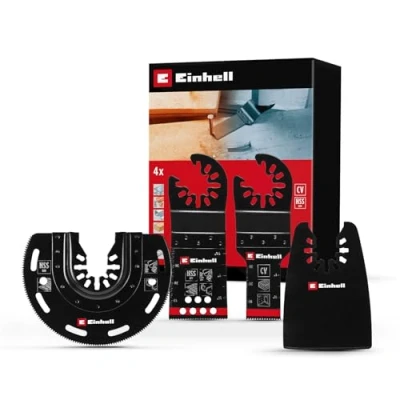 Afbeelding van Originele Einhell 4 delige multitoolset (BIM invalzaagblad, BIM halfrond zaagblad, CRV invalzaagblad en flexibele schraper met open rug snelwisselhouder voor gewone multitools)