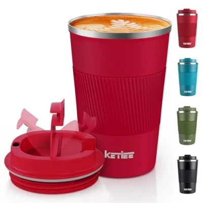 Afbeelding van Reismokken, KETIEE 380 ml geïsoleerde koffiebeker met lekvrij deksel, herbruikbare koffiebekers reisbeker, koffiemok, dubbelwandige roestvrijstalen thermische mok voor warme koude dranken, rood