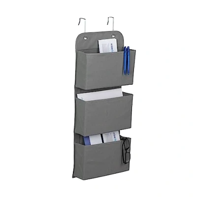 Afbeelding van Relaxdays hangende organizer, 3 vakken, deur &amp; wand, wandorganizer met haken, badkamer, hal, HBD: 75 x 31 10 cm, grijs