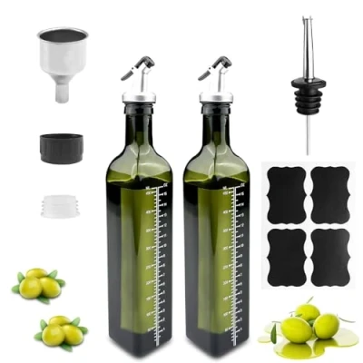 Afbeelding van Gvolatee Druppelvrije oliedispenser, 500 ml, olijfolie en azijndispenser met schenktuit, roestvrijstalen trechter, etiketten, oliedoseerder, donkergroen, glazen flessen voor keuken, BBQ, salades, 2