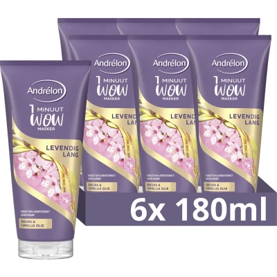 Afbeelding van Andrélon 1 Minuut WOW Masker Levendig Lang verrijkt met sakura en camellia olie 6 x 180 ml