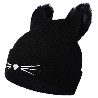 Afbeelding van XRDSS Vrouwen Meisjes Kat Oren Beanie Hoed Winter Warm Gebreide Ski Muts, Zwart, Eén Maat