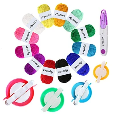Afbeelding van Pompon Maker, 4 maten Pompom Makers voor Fluff Ball Weaver Needle Craft DIY wol breiwerk gereedschapsset decoratie + 12PS acrylgaren 1PS schaar (17a)