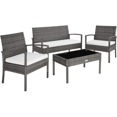 Afbeelding van tectake zitgroep bank, stoelen en tafel wicker Tuinset grijs