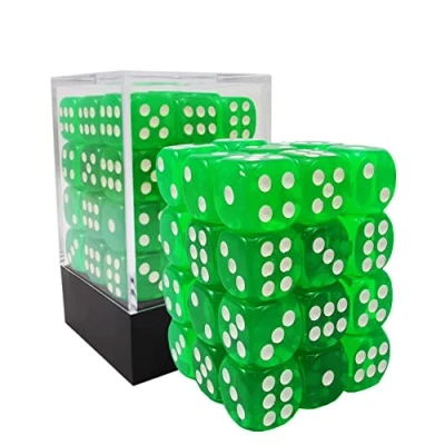 Afbeelding van Bescon 12mm 6 Sided Dice 36 in Brick Box, Six Die (36) Block of Dice, Translucent Green with White Pips