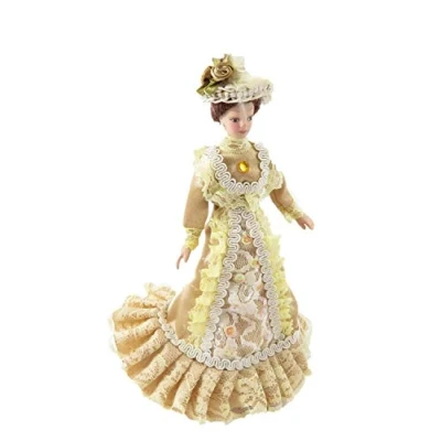 Afbeelding van Melody Jane Poppenhuis Victoriaanse dame Constance In Gouden Outfit Porselein1:12 Schaal Mensen