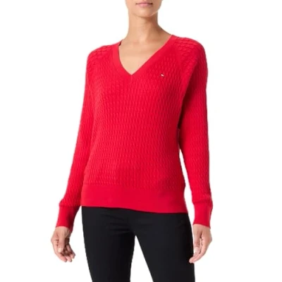 Afbeelding van Tommy Hilfiger Dames CO Cable V NK Sweater WW0WW43093, Trui, Rood, XS, Rood (primair rood), XS