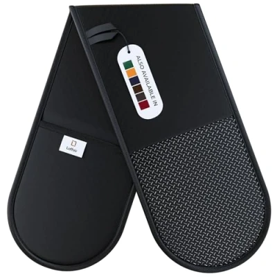 Afbeelding van Laffair dubbele ovenhandschoenen hittebestendig zwart antislip siliconen grip ovenhandschoen, moderne ovenhandschoen en pannenlap voor thuis koken maximale hittebescherming