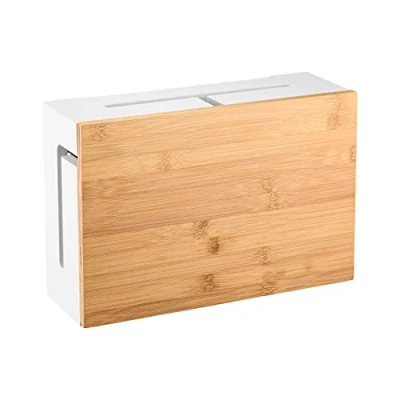 Afbeelding van Kos design Witte kabelbox Opberg stekkerdoos Bamboe Kabeldoos bureau Snoeren opbergen Cablebox organizer