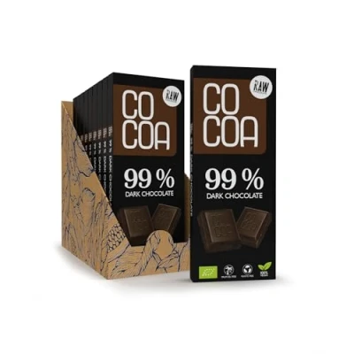 Afbeelding van donkere chocolade 99% BIO BOX 10 x 40 g (400 g), zonder witte geraffineerde suiker, RAW van ongebrande cacaobonen, klassieke chocolade.