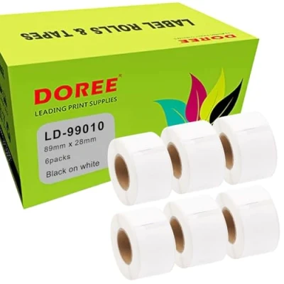 Afbeelding van Doree 99010 (6 stuks) Standaard address etiketten, 28 mm x 89 mm, compatibel met Dymo Labelwriter 4XL, 320, 330, 400, 450, 450 Duo, Turbo (130 etiketten/rollen)
