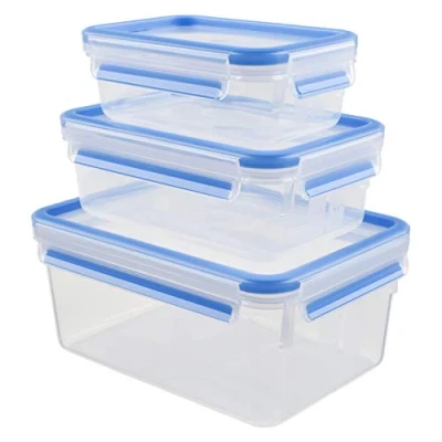 Afbeelding van Emsa Clip &amp; Close Vershouddozen, 3 delige set, 0,55+ 1,00+ 2,20 liter, 40 tot +100 graden, kunststof, 100% dicht, speciale versheidsafdichting, transparant/blauw