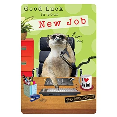 Afbeelding van Piccadilly Greetings Group Ltd FANTASTISCHE KLEURRIJKE MEERKAT OP HET WERK GOED GELUK IN UW NIEUWE JOB WENKAART, groenbruinzwartroodgeel,7 x 5