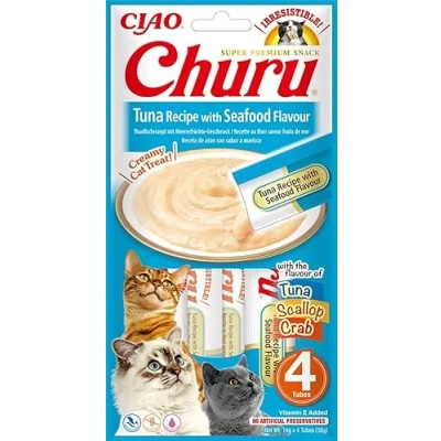 Afbeelding van INABA Churu Kattensnacks met gepureerde tonijn en zeevruchten Heerlijke snacks voor katten Zachte romige textuur Kattenvoer 4 Tubes x 14g