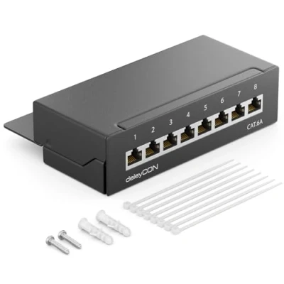 Afbeelding van deleyCON CAT 6a Patchpanel Distributiepaneel 8 Poorts Desktop &amp; Wandbevestiging Afgeschermd 8x RJ45 Aansluiting TIA568A TIA568B Zwart