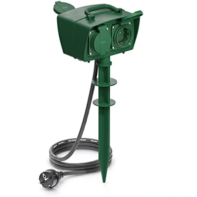 Afbeelding van deleyCON Verlengdozen 4 Voudige Outdoor Contactdoos met Grondpen Stroomverdeler Buiten 4x Veiligheidsconnector Kindveilig IP44 Spatwaterdicht Weerbestendig Tuin Terras Bloemperk 1,4m Kabel