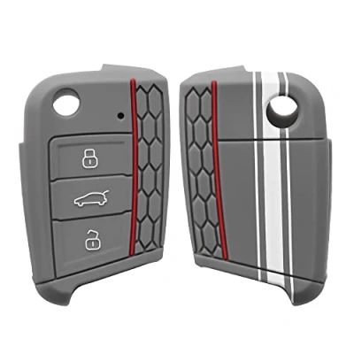 Afbeelding van kwmobile autosleutel behuizing compatibel met VW Golf 7 MK7 3 knops hoesje Sleutelhoesje in wit/grijs Rallystrepen