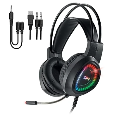 Afbeelding van DR1TECH Firescout LED hoofdtelefoon, met kabel en microfoon voor PC Over ear driver hoofdtelefoon 40 mm. Audio Stereo USB dubbele aansluiting + adapter inbegrepen