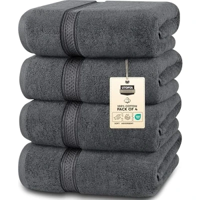 Afbeelding van Utopia Towels Set van 4 hoogwaardige badhanddoeken (61 x 137 cm) 100% ringgesponnen katoen 600 g/m², lichtgewicht en zeer absorberende, sneldrogende handdoeken, perfect voor dagelijks gebruik (grijs)