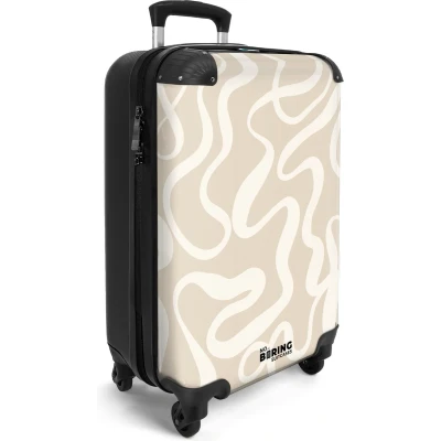 Afbeelding van NoBoringSuitcases.com® Handbagage koffer lichtgewicht Reiskoffer trolley Beige met witte abstracte lijnen Rolkoffer wieltjes Past binnen 55x40x20 en 55x35x25