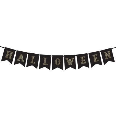 Afbeelding van Vlaggenlijn Halloween Decoratie Versiering Vlaggetjes Slinger 175 cm Papier zwart goud