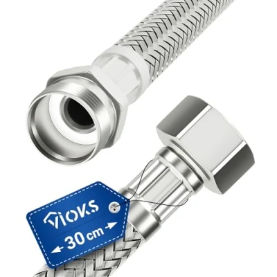 Afbeelding van VIOKS Pantserslang, 3/8 inch, flexibel, 30 cm, met inch wartelmoer en buitendraad, drinkwaterslang roestvrijstalen omvlechting