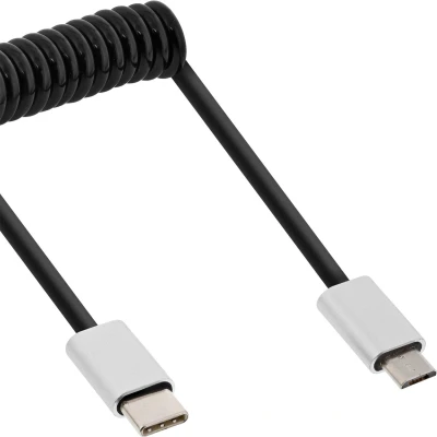 Afbeelding van InLine USB Micro B naar C spiraalkabel USB2.0 tot 2A / zwart 2 meter