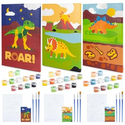 Afbeelding van Schilderen op Nummer voor Kinderen Dinosaurussen, Pakket 3 Doeken BONNYCO Dinosaurus Cadeaus Jongens, Knutselsets Kits Meisjes Jongens Speelgoed