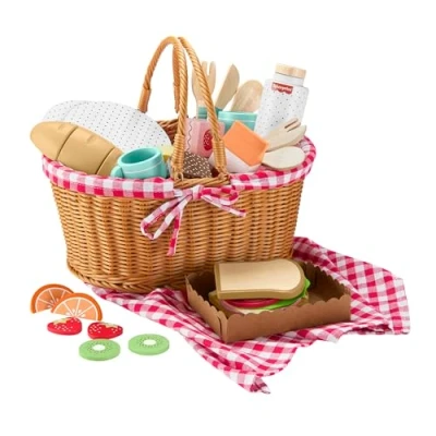 Afbeelding van Fisher Price Speelgoed voor Peuters en Kleuters, Houten Picknickmand met Lekkere Hapjes, 31 Onderdelen, Set Fantasiespel, Kinderen vanaf 3 Jaar, HXT81