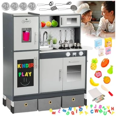 Afbeelding van Green series Kinderplay grote speelkeuken hout grijze kinderkeuken hout, met licht en geluid, 83 cm hoog, tot het werkblad 46 cm, GS0057 (premium)