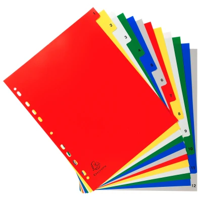 Afbeelding van Exacompta ref. 2512E Gekleurde polypropyleen tabbladen met 12 numeriek gedrukte tabs van 1 tot in kleur Afdrukbare indexpagina Formaat A4 Maxi Afmetingen: 24,5 x 29,7 cm