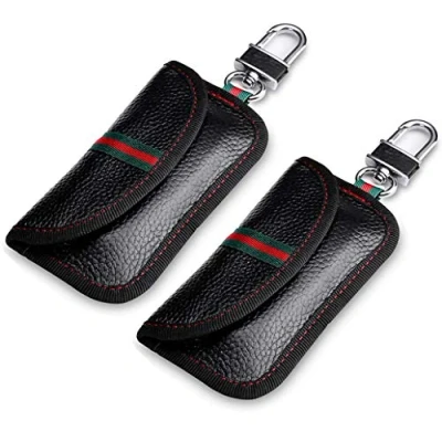 Afbeelding van VAWcornic 2 pack Faraday tas Echt leer Bovenlaag koeienhuid Autosleutel Signaalblokkering Zakje Sleutelloze autosleutelset RFID blokkeertas voor autobeveiliging Pouch autosleutels zwart