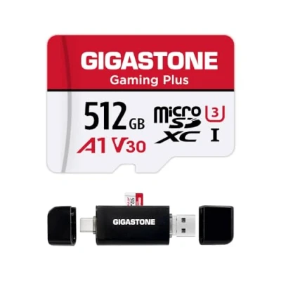 Afbeelding van GIGASTONE Micro SD Card 512GB MicroSDXC Gaming Plus met USB Type C kaartlezer + Adapter Mini case, Geheugenkaart voor Nintendo Switch GoPro Dashcam beveiligingscamera, 100MB/s UHS I A1 V30 U3