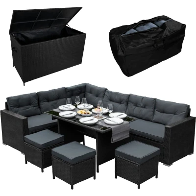 Afbeelding van Jardi Rattan Hoekbank Dining Set &amp; Tuinopbergbox Stijlvol, Comfortabel, en Functioneel Zwart